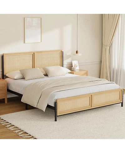 gaomon Queen Size Boho Bed Frame with Natural Rattan Headboard & Footboard, 14" Metal Platform, No Box Spring Needed