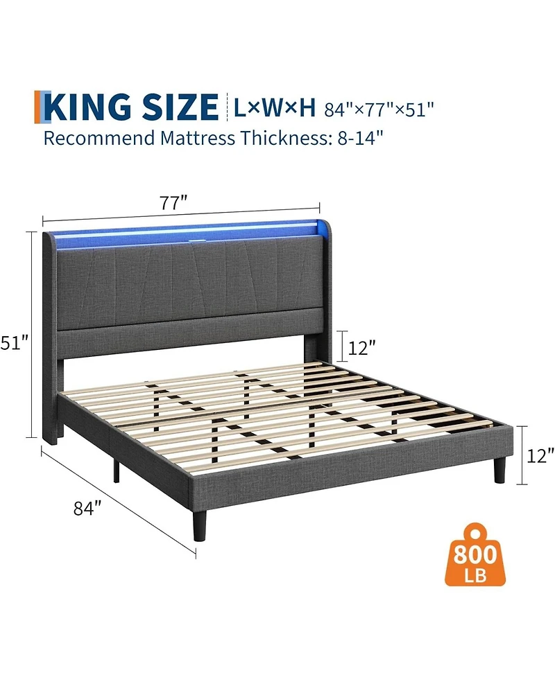 Gaomon King Bed Frame with Led Lights & Charging Station, Upholstered Platform Headboard, No Box Spring Needed
