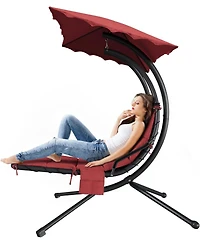 gaomon Chaise Lounger Swing Chair with Umbrella Canopy, Patio Hanging Lounge Chair with Stand, Curved Steel Outdoor Chair for Pool, Garden, Backyard