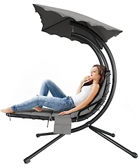 gaomon Chaise Lounger Swing Chair with Umbrella Canopy, Patio Hanging Lounge Stand, Curved Steel Outdoor for Pool, Garden, Backyard
