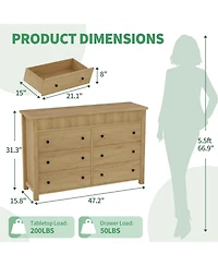 gaomon 6 Drawer Dresser for Bedroom, Wooden Chest of Drawers, Fluted Tv Stand Storage Organizer for Living Room, Hallway and Entryway, Natural Oak