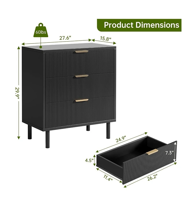 gaomon Black Fluted 3 Drawers Dresser, Wide Wood Chest of Drawers, Modern Storage Dresser Chest of Drawers Organizer