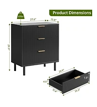 gaomon Black Fluted 3 Drawers Dresser, Wide Wood Chest of Drawers, Modern Storage Dresser Chest of Drawers Organizer