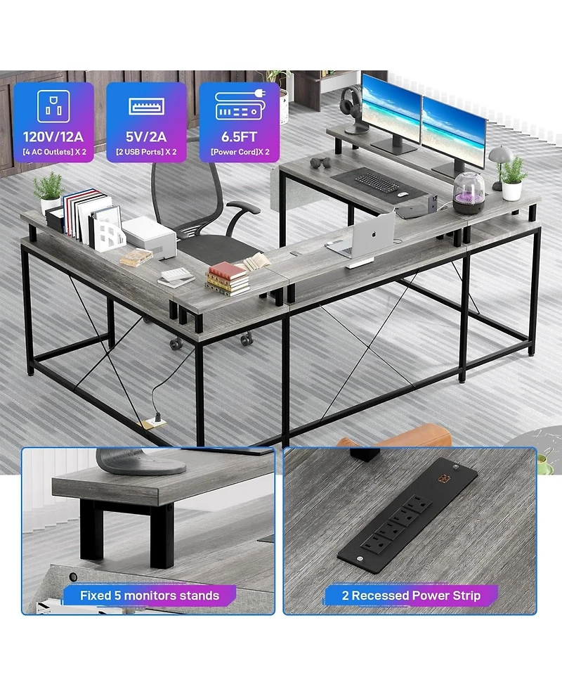 gaomon 78" Wooden Power Outlets & Rgb Led, Reversible L-Shaped Home Office Desk with Storage U-Shaped Gaming Computer Desk