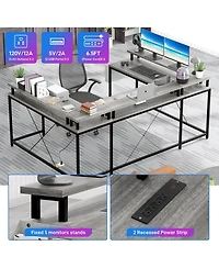 gaomon 78" Wooden Power Outlets & Rgb Led, Reversible L-Shaped Home Office Desk with Storage U-Shaped Gaming Computer Desk