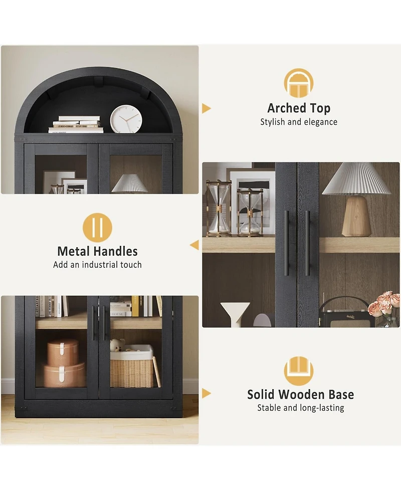 gaomon 71.4 Inch Arched Bookshelf with Glass Doors, Rustic Premium Wood Display Cabinet for Living Room, Black