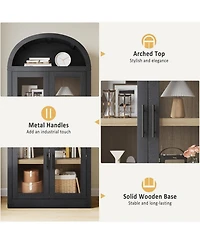 gaomon 71.4 Inch Arched Bookshelf with Glass Doors, Rustic Premium Wood Display Cabinet for Living Room, Black