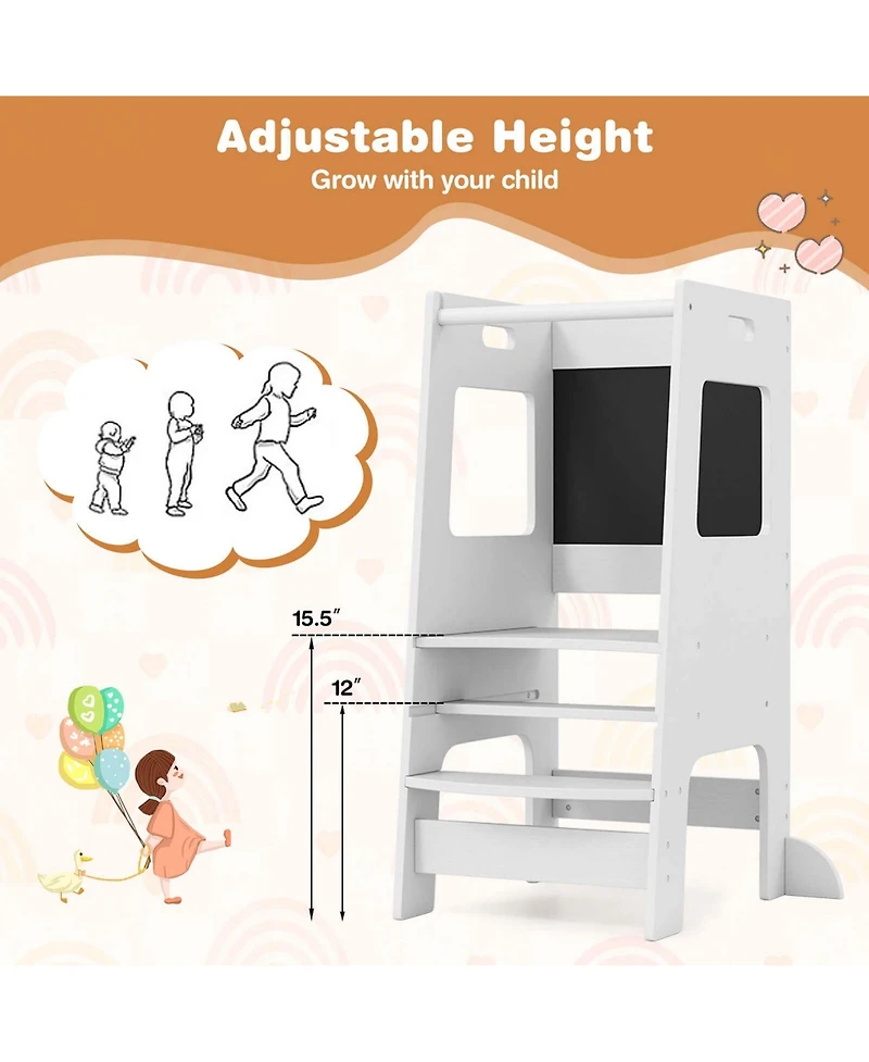 Costway Girls Kitchen Step Stool with Activity Chalkboard Adjustable Height & Safety Rail
