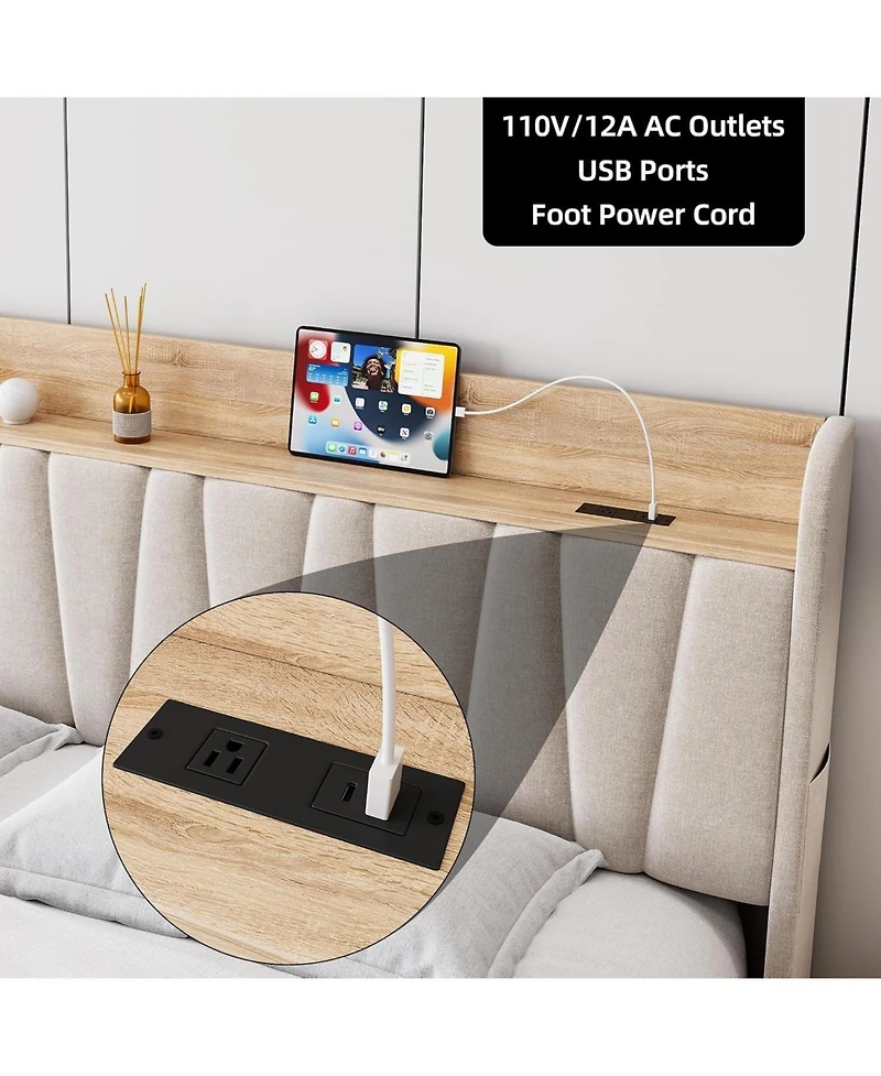 gaomon Upholstered Bed Frame with Storage Headboard, Drawer, Charging Station, Linen Platform