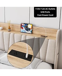 gaomon Upholstered Bed Frame with Storage Headboard, Drawer, Charging Station, Linen Platform