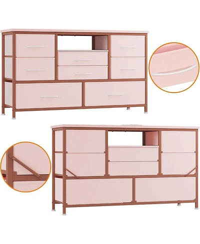 gaomon 8-Drawer Dresser Tv Stand with Led Lights & Charging Station, 55" Entertainment Center Storage, Rustic Brown, Pink