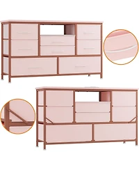 gaomon 8-Drawer Dresser Tv Stand with Led Lights & Charging Station, 55" Entertainment Center Storage, Rustic Brown, Pink