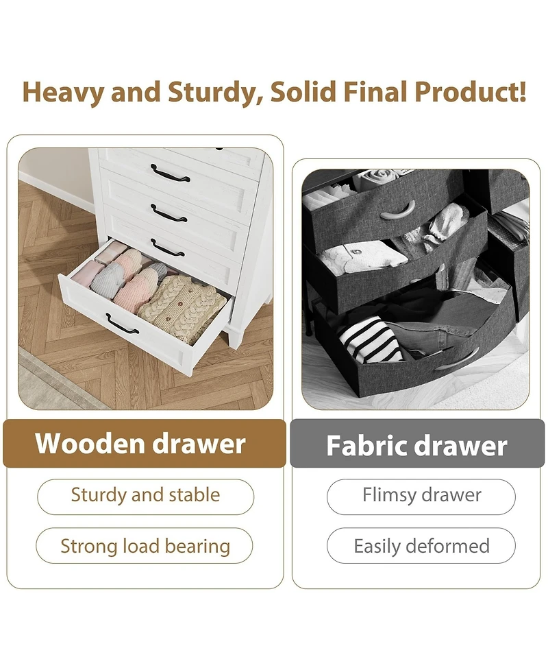 gaomon 5-Drawer White Freestanding Wooden Chest, 41.3" Tall, Brown Top, Vertical Dresser for Living Room, Bedroom