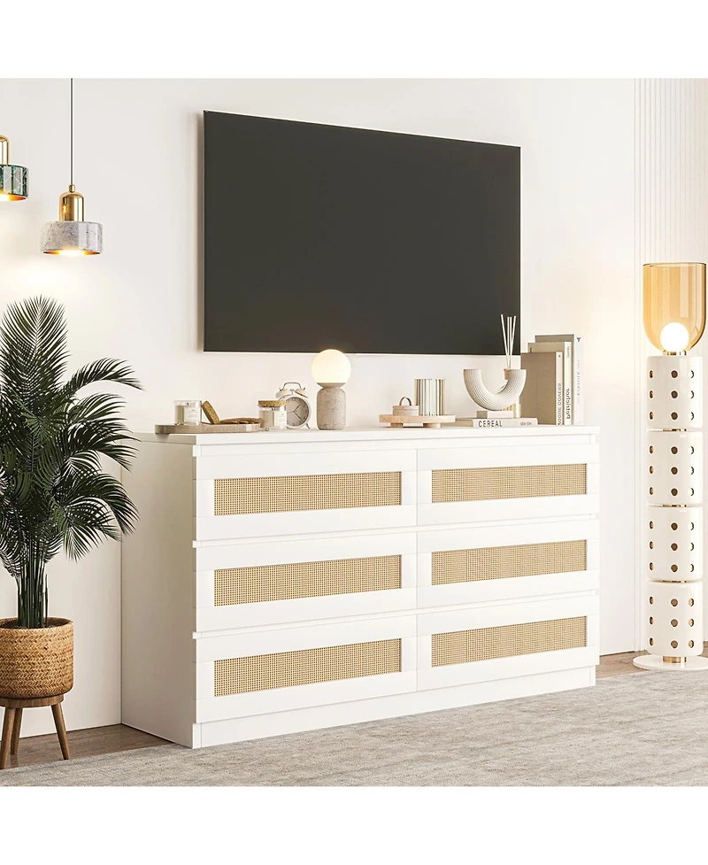 gaomon Rattan 6 Drawer Dresser for Bedroom, Modern Double Dresser with Anti-Tip Kit, Chest Organizer