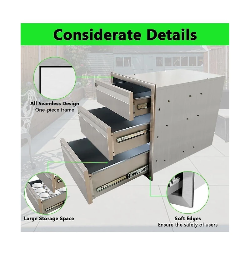 Gaomon 16" x 21" x 23" Outdoor Kitchen Drawer, 3-Layer Stainless Steel Built-In Bbq Access Drawer for Bbq Island