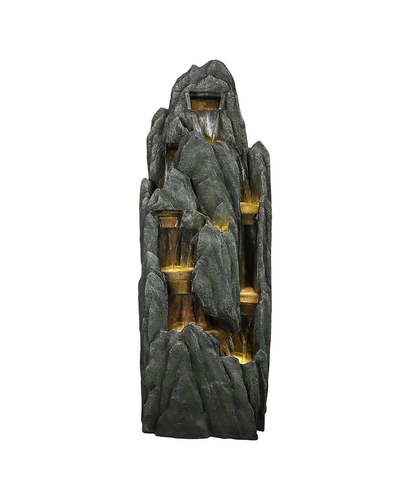 SunJet 51" Tall Outdoor Rockery Water Fountain with Led Lights, Resin Cascading Waterfall Fountain for Garden, Patio & Yard Decor