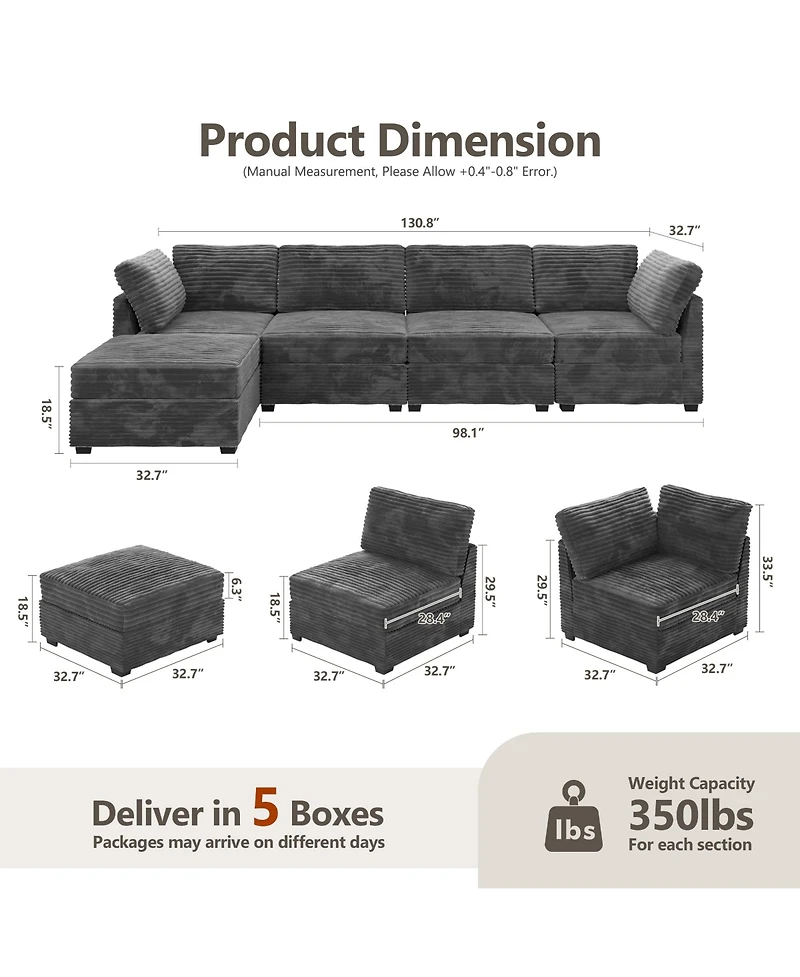 Xizzi 98'' Modular Sectional Sofa Couch, 5-Piece Comfy Corduroy Fabric Couch for Living Room, Modern L-Shaped Deep Seat with Chaise Ottoman