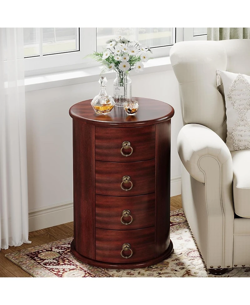 Tribesigns Solid Wood End Table, Round Side Table with 4 Drawers