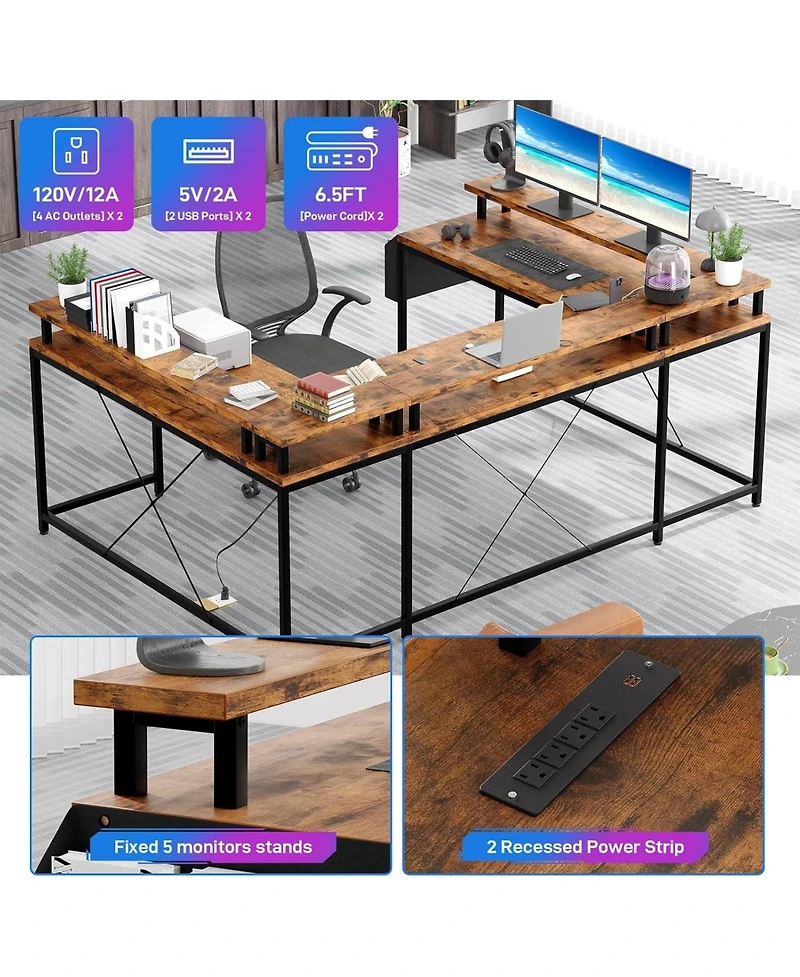 gaomon 78" U-Shaped Computer Desk with Power Outlets & Rgb Led, Reversible L-Shaped Home Office Desk with Storage