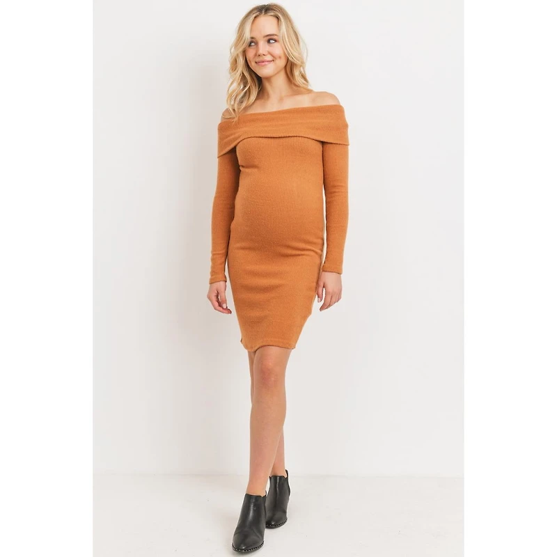 Hello Miz Women's Ribbed Off Shoulder Long Sleeve Bodycon Maternity Dress