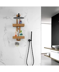 Basicwise Bathroom Multi-function Natural Bamboo Storage Rack Over Shower Head Organizer, Shower Ball, Shampoo, Conditioner, Soap Holder