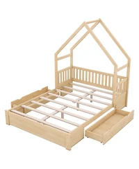 Boyel Living Wood Queen House Platform Bed with Guardrail and 2 Drawers