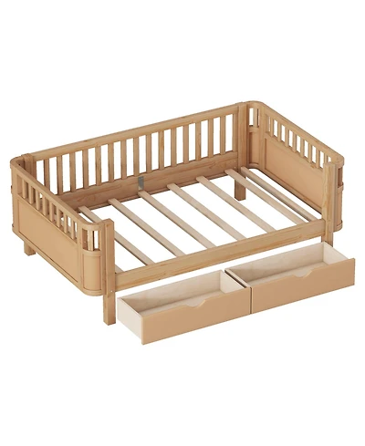 Boyel Living Twin Size Wood Platform Bed for Kids, Low Profile Twin Bed with 2 Wheeled Drawers & Rails