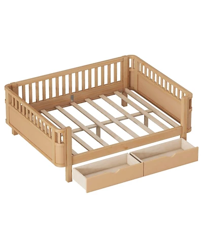 Full Size Wood Platform Bed for Kids, Low Profile Bed with 2 Wheeled Drawers & Rails