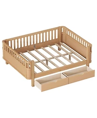Full Size Wood Platform Bed for Kids, Low Profile Bed with 2 Wheeled Drawers & Rails