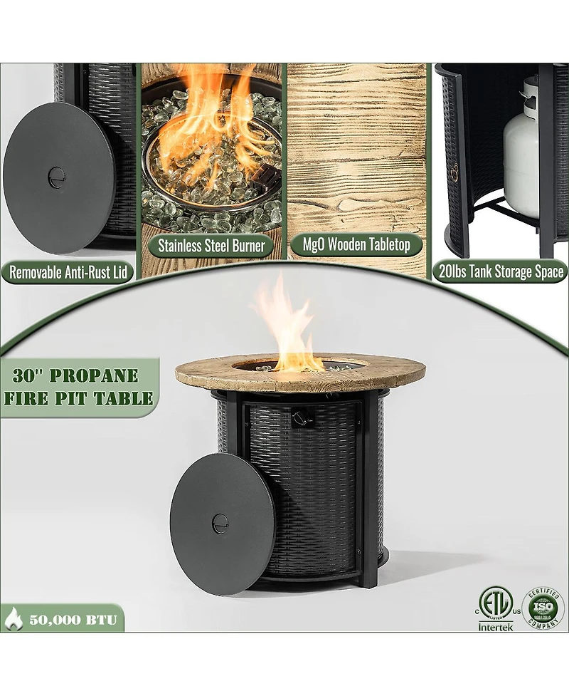 Boyel Living 30" Propane Gas Fire Pit Table, 50000 Btu Round Steel Fire Pit with Imitation Wood Grain Finish for Outside Patio Deck Garden