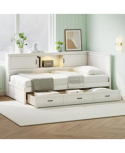 Streamdale Furniture L-Shaped Bed Frame with Drawer, Bookcase, Led, Usb - White, Full Size