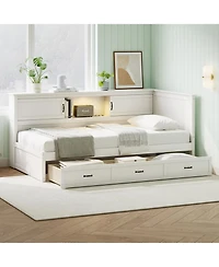 Streamdale Furniture L-Shaped Bed Frame with Drawer, Bookcase, Led, Usb - White, Full Size