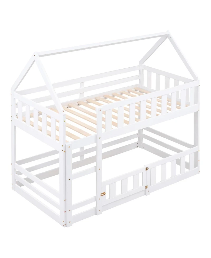 Streamdale Twin over Twin House Bunk Bed with Fence and Door, White