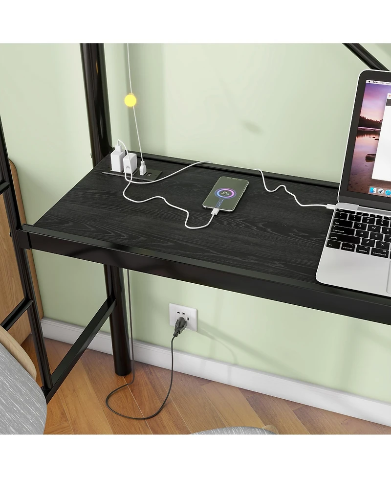 Streamdale Furniture Twin Loft Bed with Desk, Power Outlet, Led Lights