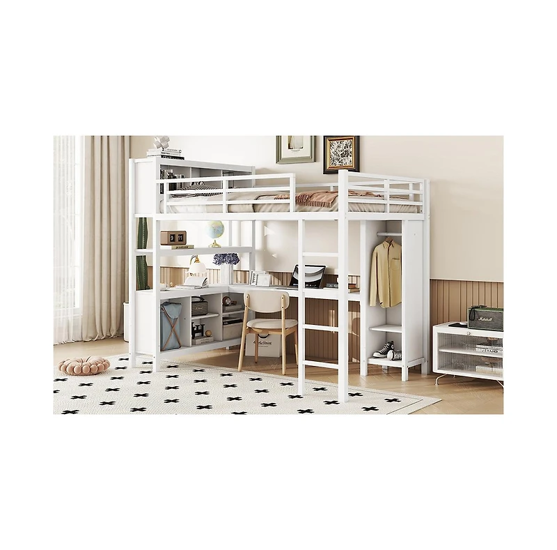 Streamdale Furniture White Metal Loft Bed with Wardrobe, Desk & Storage