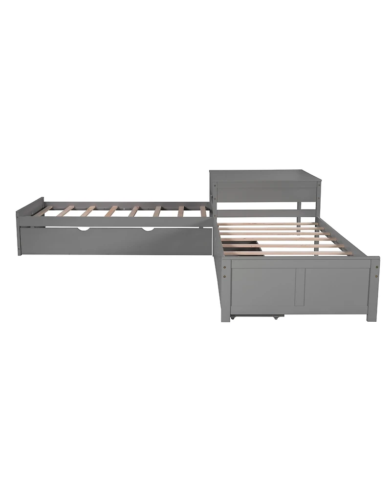 Streamdale Furniture Twin L-Shaped Platform Bed with Trundle, Drawers & Desk
