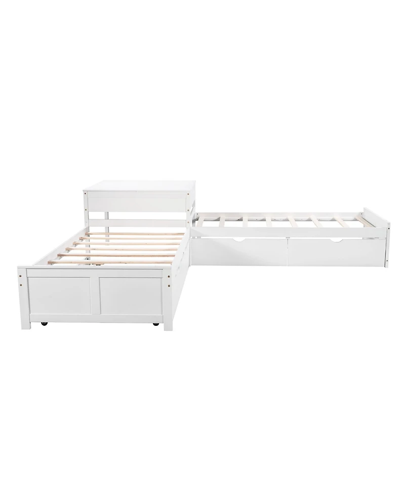 Streamdale Furniture Twin L-Shaped Platform Bed with Trundle, Drawers & Desk
