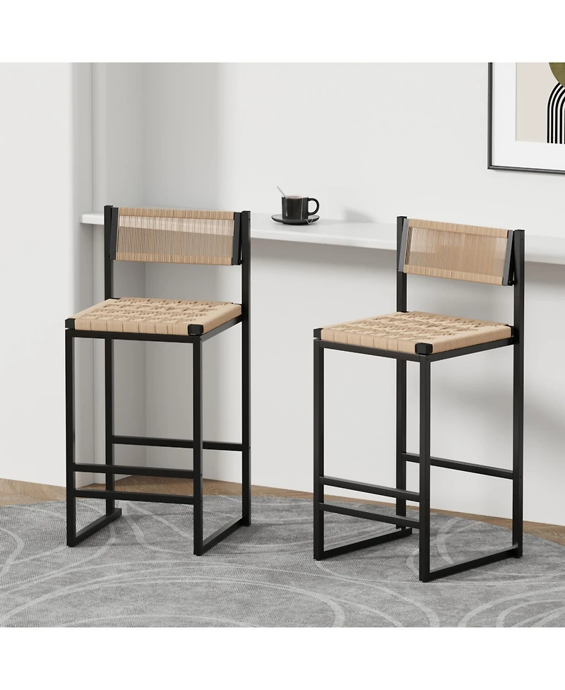 Streamdale Furniture Kitchen Bar Stools with Footrest Set of 2 Paper Rope Weave Dining Chairs Counter Height Barstool