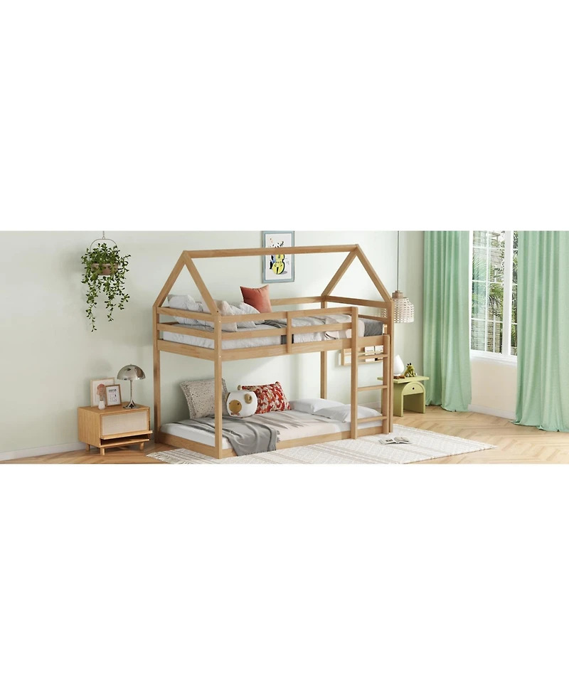 Streamdale Furniture Twin over Twin Rubber Wood Floor Bunk Bed, with ladder,Guardrails,House-Shaped-Bunk Bed,White oak