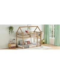 Streamdale Furniture Twin over Twin Rubber Wood Floor Bunk Bed, with ladder,Guardrails,House-Shaped-Bunk Bed,White oak