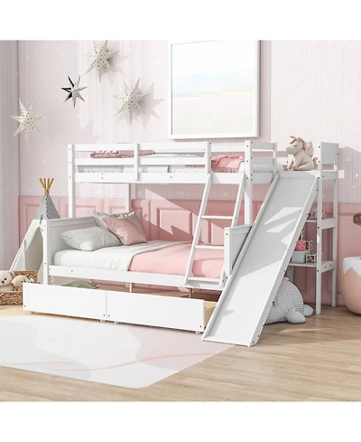 Streamdale Furniture Twin over Full Bunk Bed with 2 Drawers, Slide, Shelves, Ladder, Rubber Wood Bunk Bed with Slide, Drawers