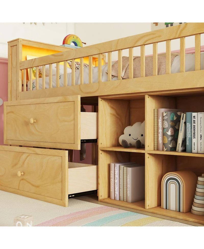Streamdale Furniture Twin Loft Bed Wood (NaturalStreamdale Furniture Twin Loft Bed Wood (Natural Finish) Led, Bookshelf, Stairs, Drawers, Shelves Bed