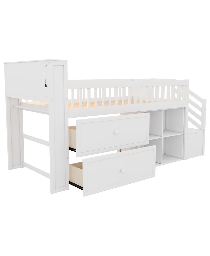 Streamdale Furniture Twin Loft Bed with Led, Bookshelf, Stairs, Drawers, Shelves
