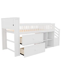 Streamdale Furniture Twin Loft Bed with Led, Bookshelf, Stairs, Drawers, Shelves