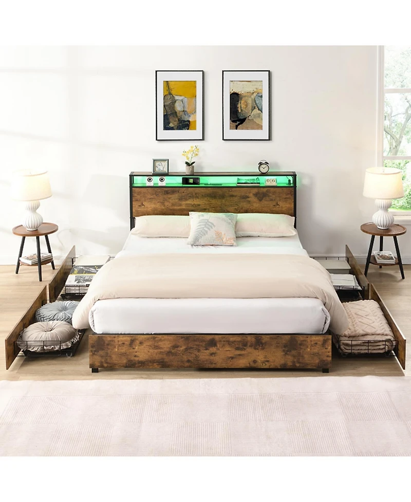 Streamdale Furniture Queen Bed Frame w/ Charging Headboard, Noise-Free, No Box Spring