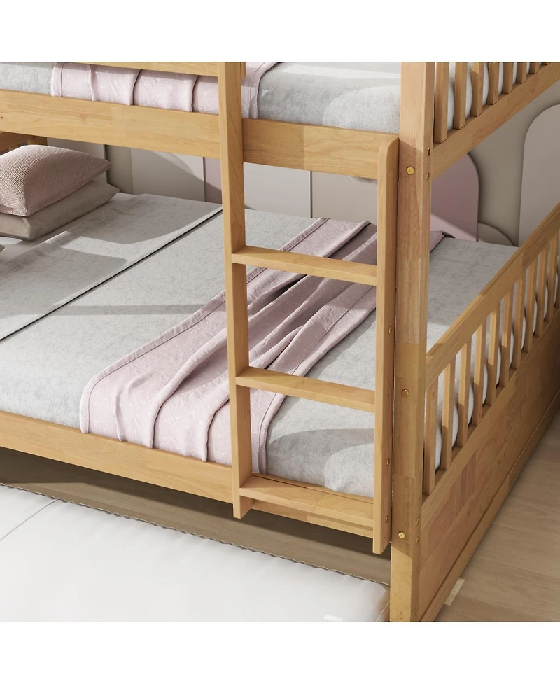 Streamdale Furniture Rubber Wood Full/Full Bunk Bed with Trundle and Guardrails, Convertible to 2 Beds