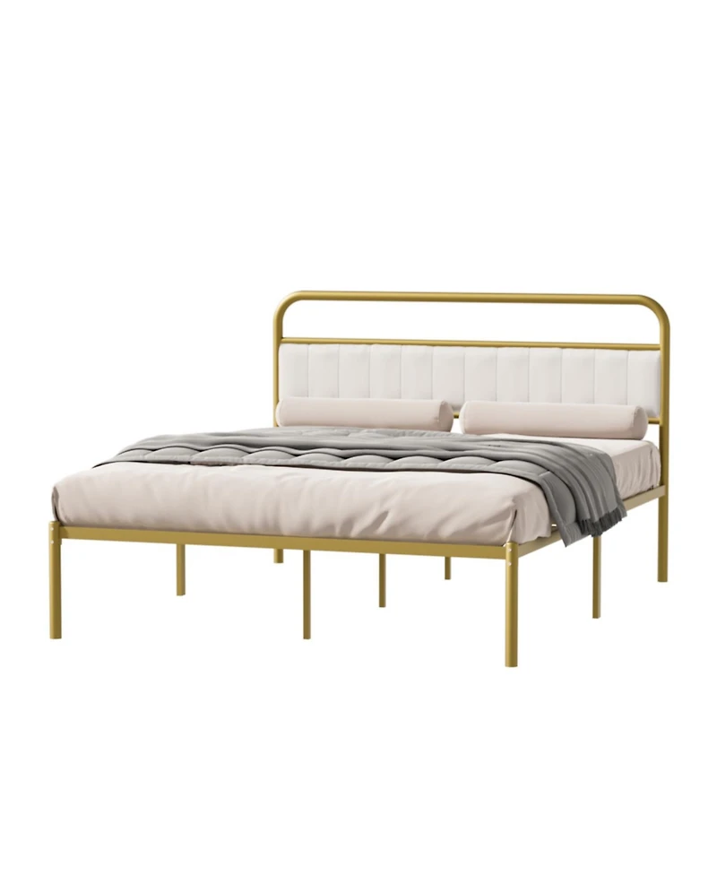 Streamdale Furniture Metal Steel Platform Bed Frame with Upholstered Headboard cushion (Queen Size) - Gold