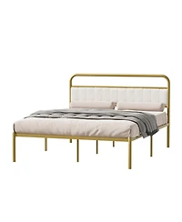 Streamdale Furniture Metal Steel Platform Bed Frame with Upholstered Headboard cushion (Queen Size) - Gold