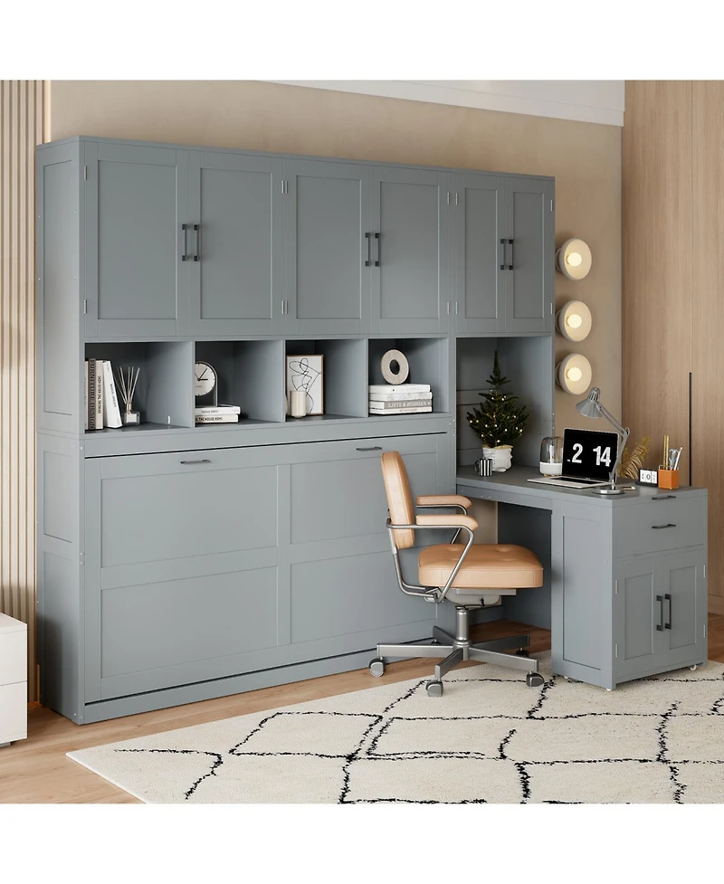 Streamdale Furniture Twin Size Murphy Bed Wall Bed with Closet, Drawers & Desk-Gray