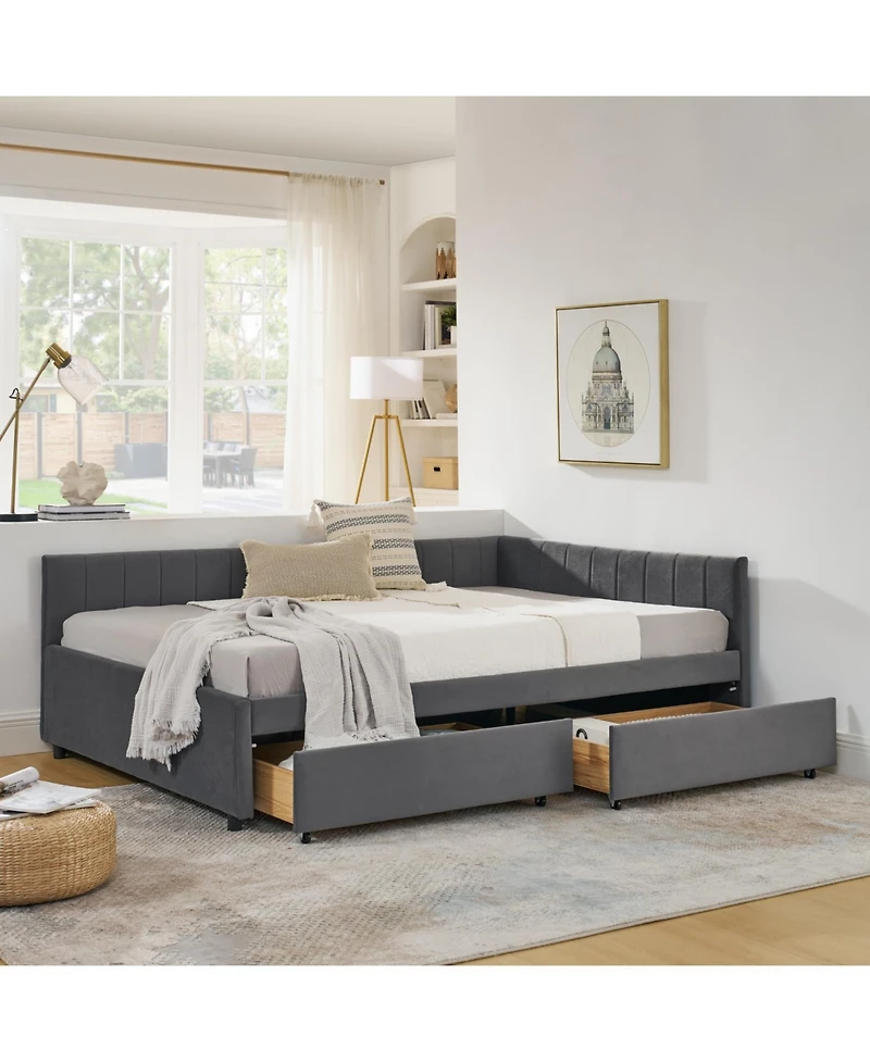 Streamdale Furniture Tufted Upholstered Bed Frame with Drawers Velvet